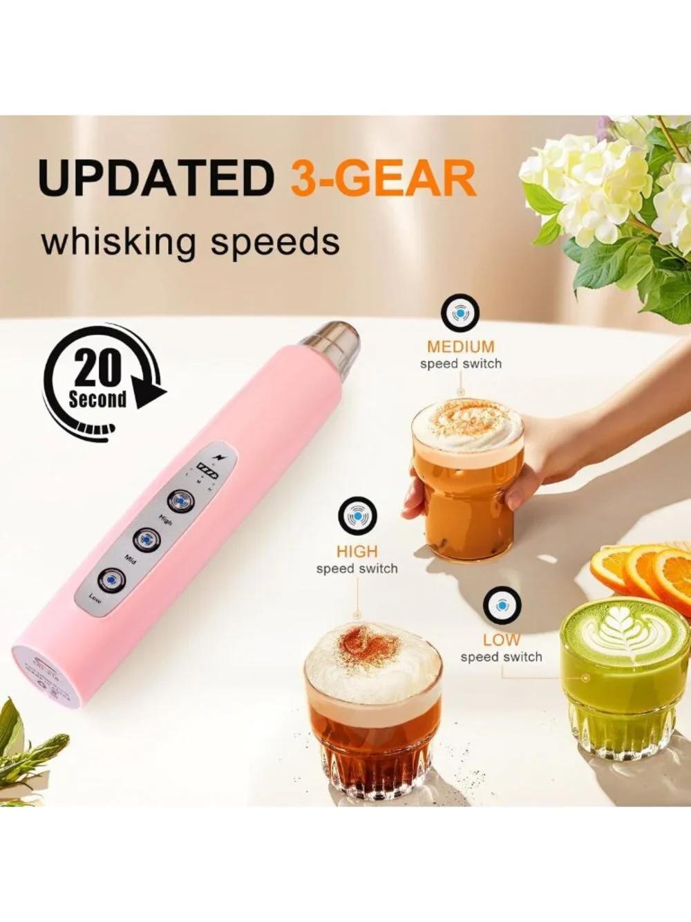 Rechargeable Handheld Milk Frother Wand - Electric Whisk for Latte, Cappuccino